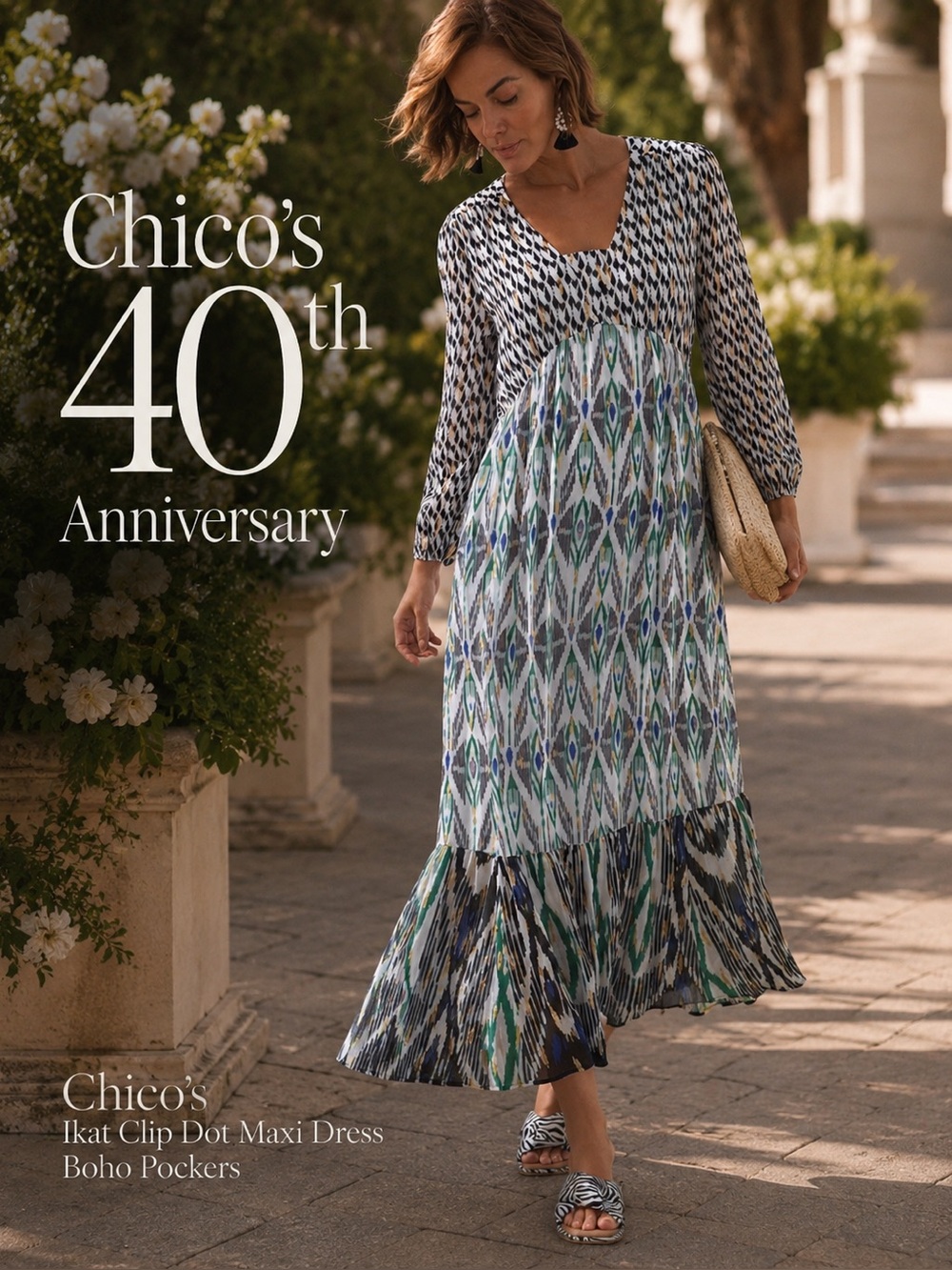 Chico's Ikat Maxi Dress in White, Blue & Green